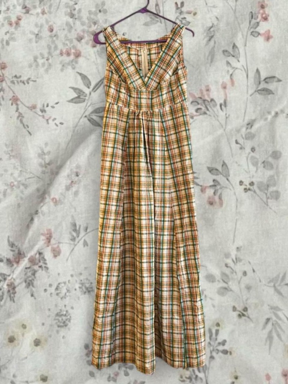 Vintage 50s Madras Plaid Maxi Dress Seersucker Cotton Empire Waist Summer Fall